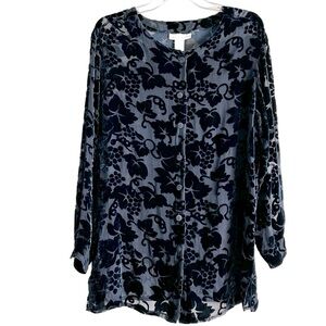 The Limited Velvet Burn Out Floral Blouse Tunic Sz Large Navy Vintage